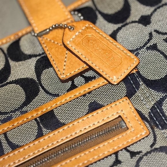 Coach Blue & Grey Signature Canvas Tote w/ Light Brown Trim - Picture 4 of 14